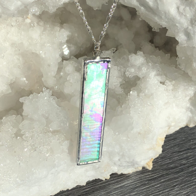 Sarah Evans Glass Art Stained Glass Iridescent Clear Vertical Bar Necklace
