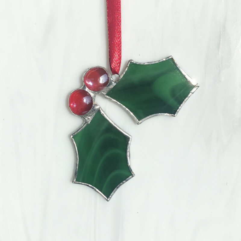 Sarah Evans Glass Art beautifully hand-crafted Stained Glass Holly. Handmade in Bath, Ontario. Shop local. Loyalist Township, Kingston & Area, Greater Napanee