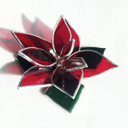 Sarah Evans Glass Art beautifully hand-crafted Stained Glass Poinsettia. Handmade in Bath, Ontario. Shop local. Loyalist Township, Kingston & Area, Greater Napanee.