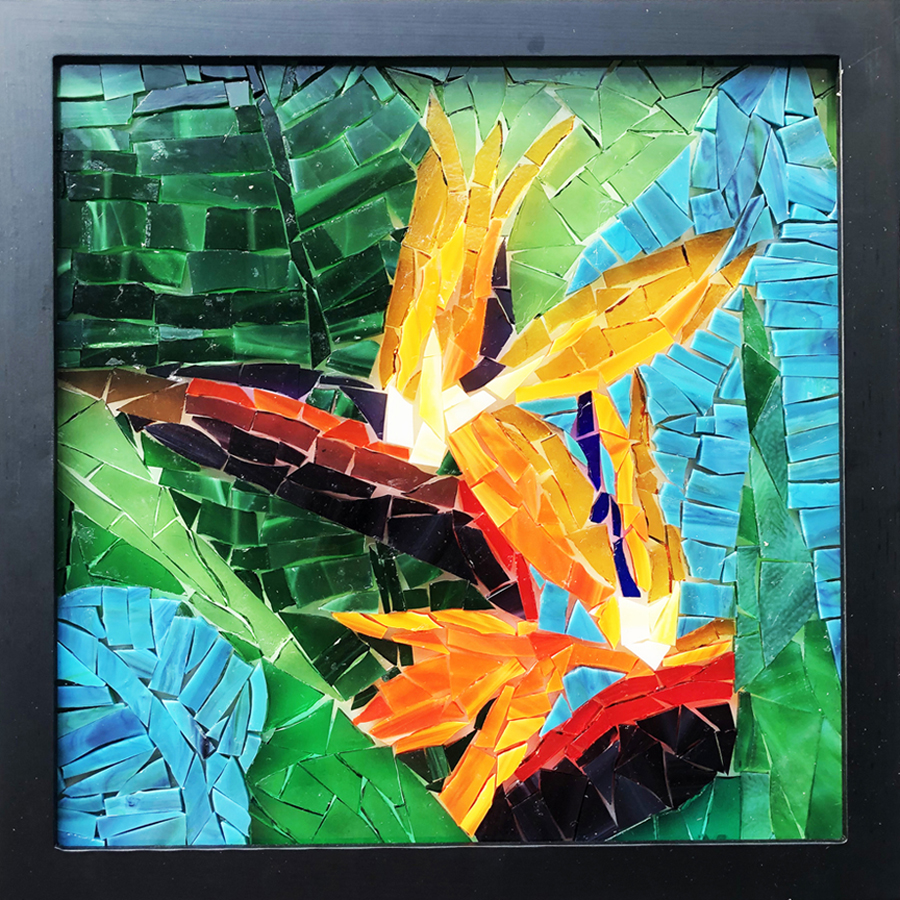 "Birds of Paradise", glass-on-glass mosaic by Sarah Evans, 12" x 12", $250.00 