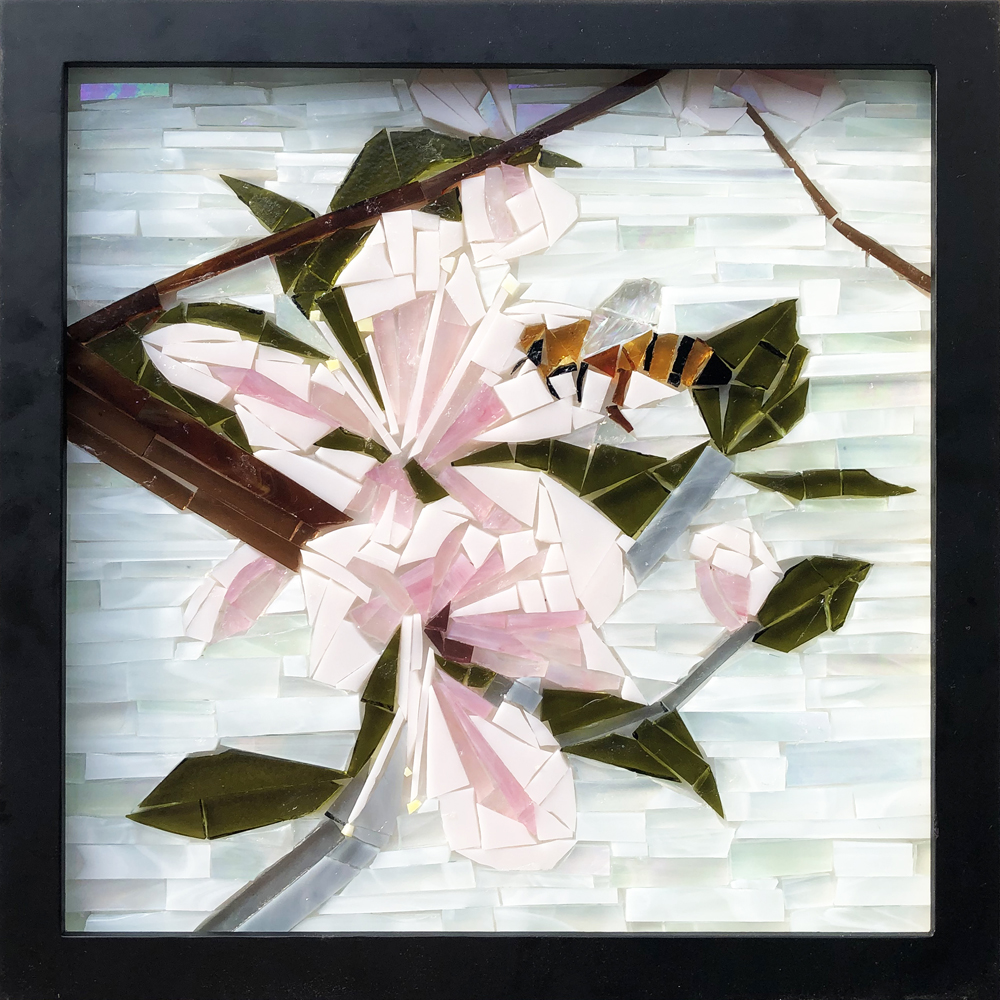 "Honey Bee on a Cherry Blossom", glass-on-glass mosaic by Sarah Evans, 12" x 12", $250.00  