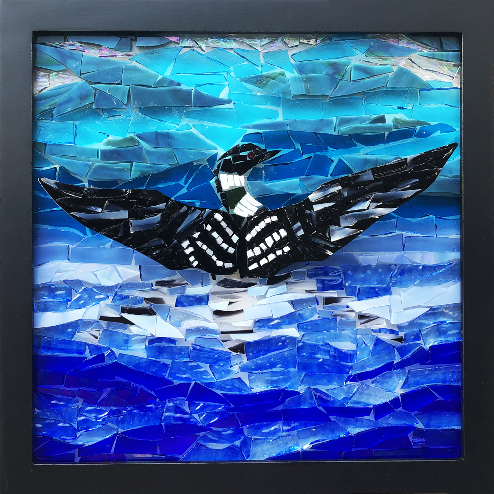 "Loon", 3D sculpture glass-on-glass mosaic by Sarah Evans, 12" x 12", $300.00  