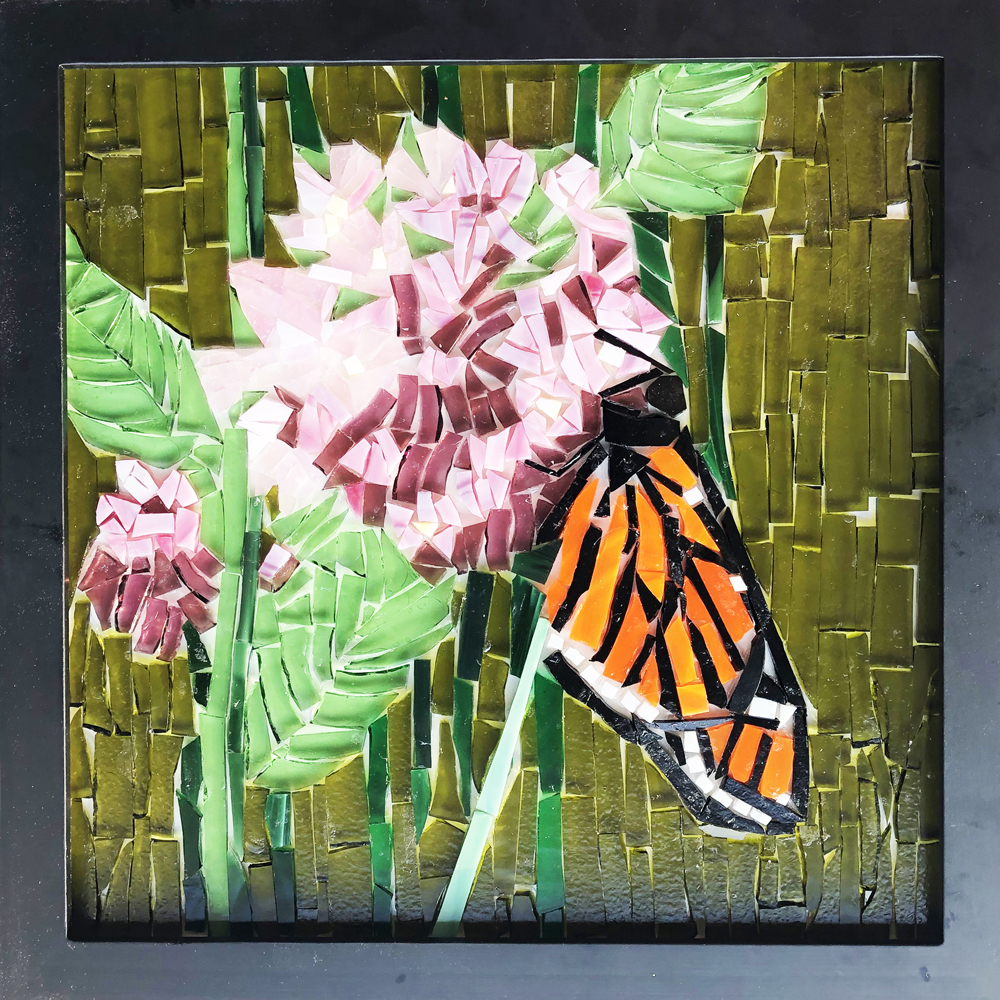 "Monarch on a Milkweed", glass-on-glass mosaic by Sarah Evans, 12" x 12", $250.00  