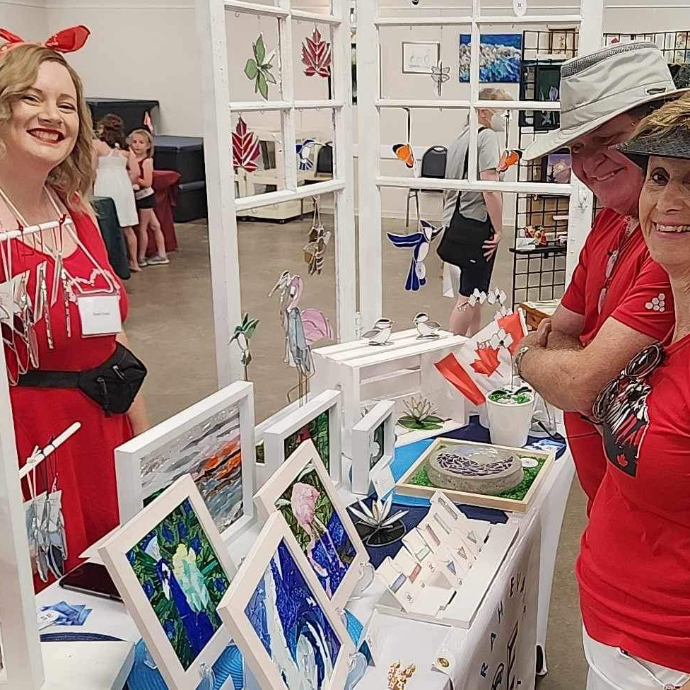 Sarah Evans Glass Art at the Bath Artisans Group Canada Day Show & Sale, Saturday, July 1st, 2023 at St. John's Hall in Bath, Ontario.